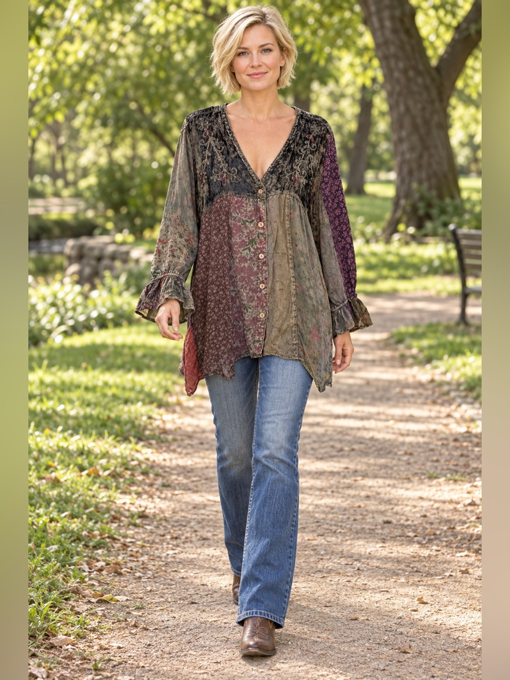 H144 NWT YoungThreads L ptp21 Mixed Floral Patchwork Button-Down Gravel Top